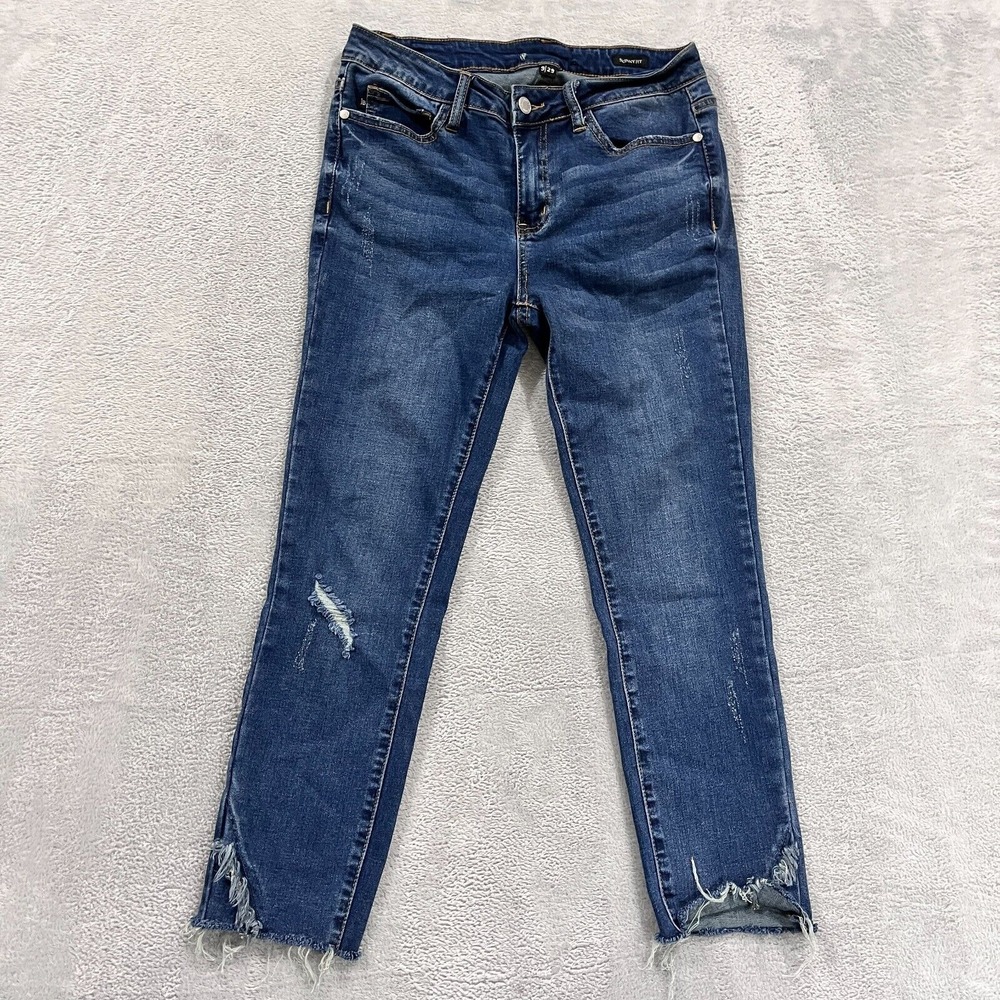 Judy Blue Women’s Skinny Jeans in Dark Denim Blue with Distressed Hem